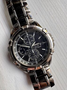 Seiko Black Dial Silver Stainless Steel Solar Chronograph Watch